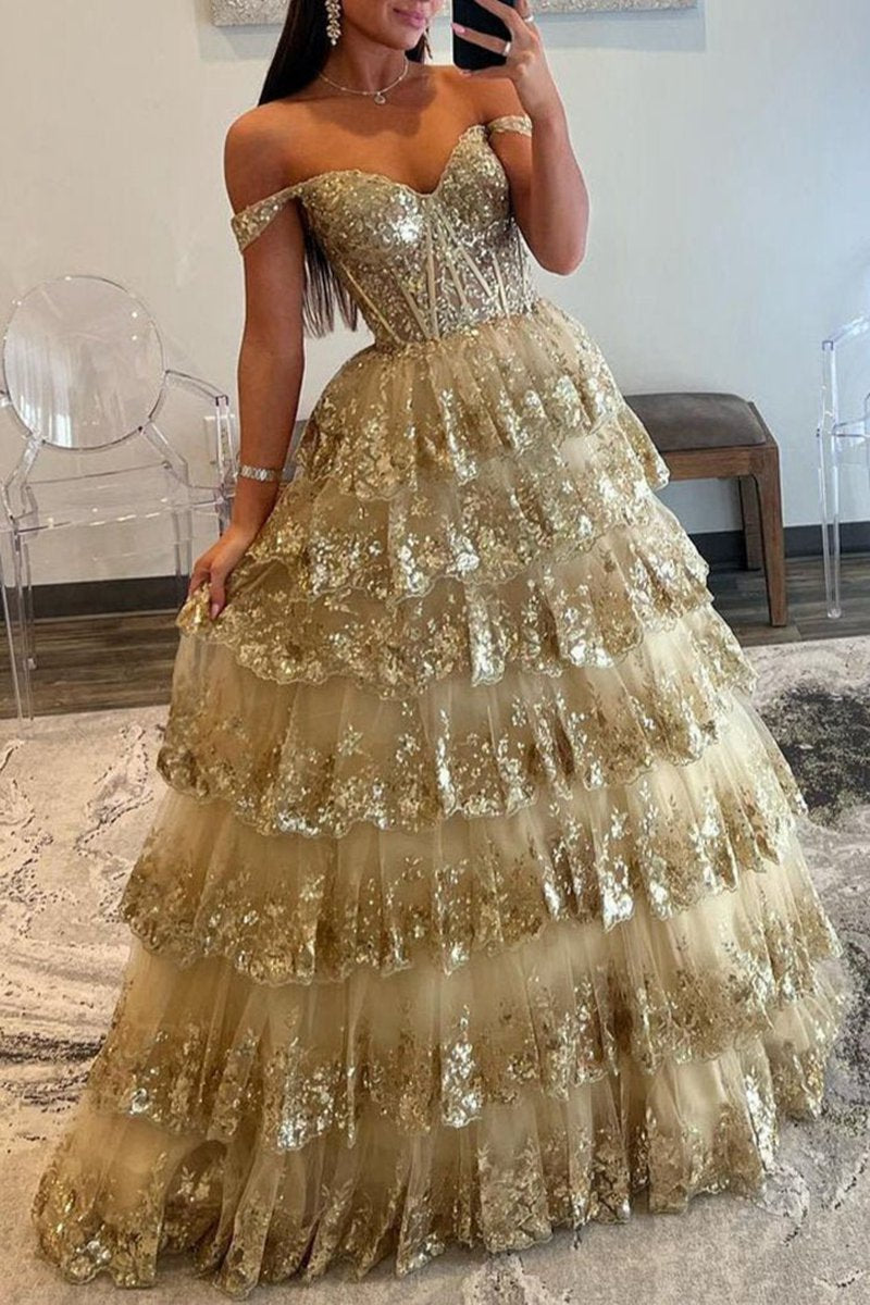 Princess Off the Shoulder Sequined Lace Prom Dresses