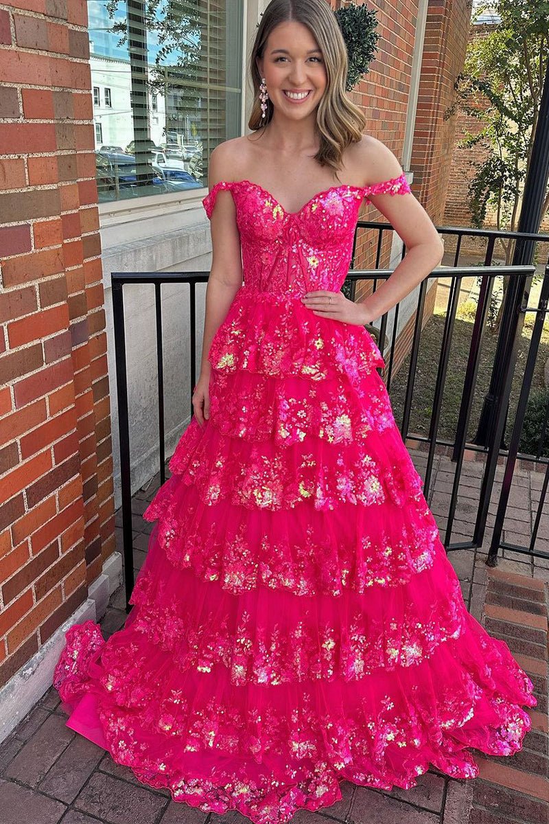 Princess Off the Shoulder Sequined Lace Prom Dresses
