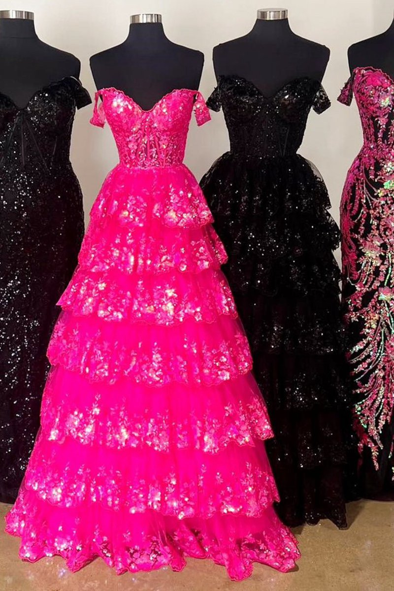 Princess Off the Shoulder Sequined Lace Prom Dresses