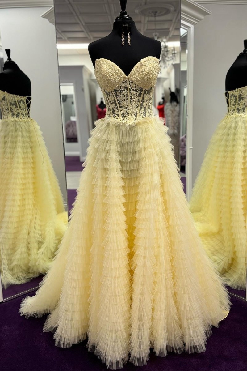 A-line Strapless Multi-Layers Tulle Prom Dresses with Slit