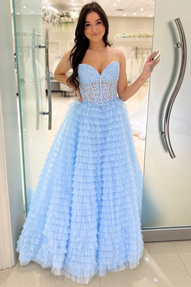 A-line Strapless Multi-Layers Tulle Prom Dresses with Slit