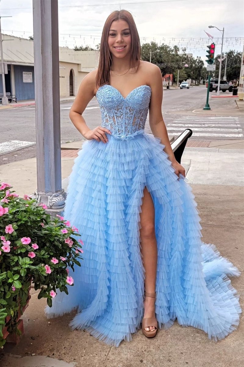 A-line Strapless Multi-Layers Tulle Prom Dresses with Slit