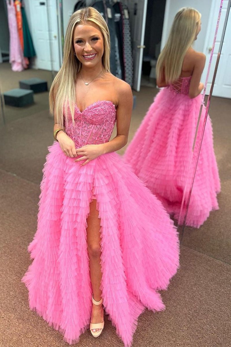 A-line Strapless Multi-Layers Tulle Prom Dresses with Slit