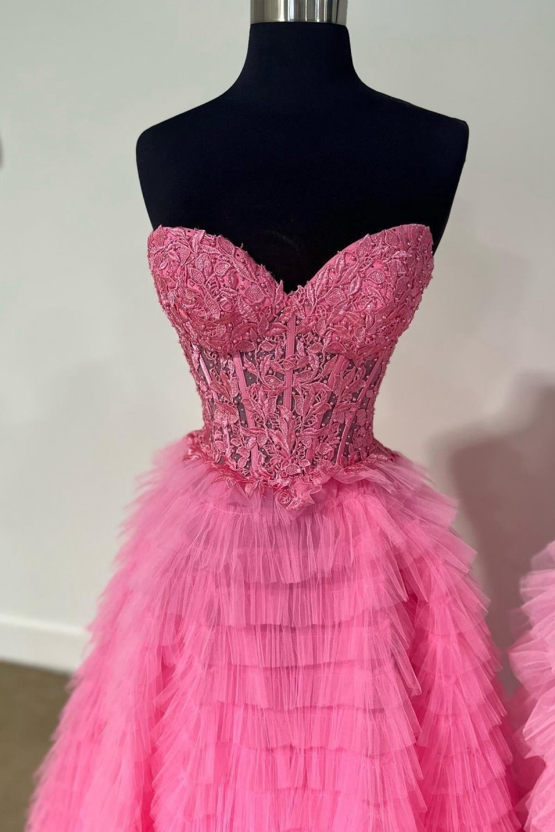 A-line Strapless Multi-Layers Tulle Prom Dresses with Slit
