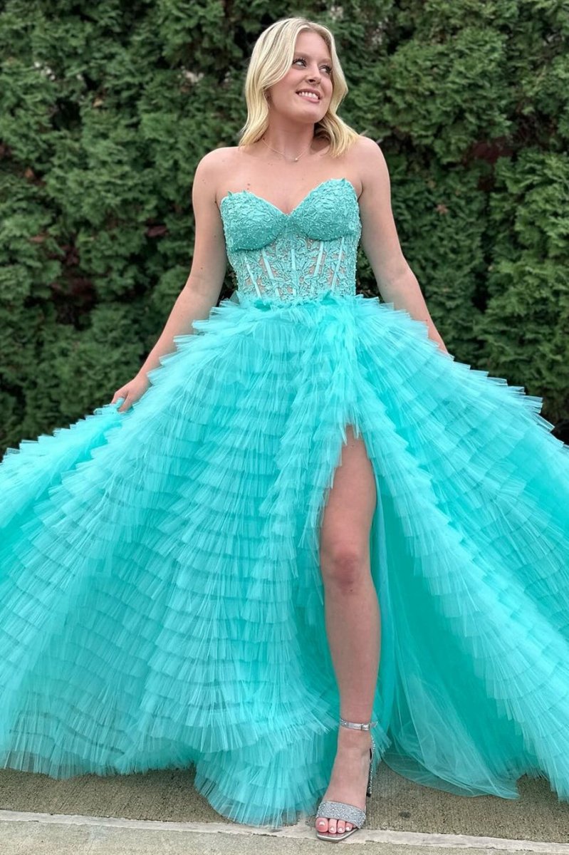 A-line Strapless Multi-Layers Tulle Prom Dresses with Slit