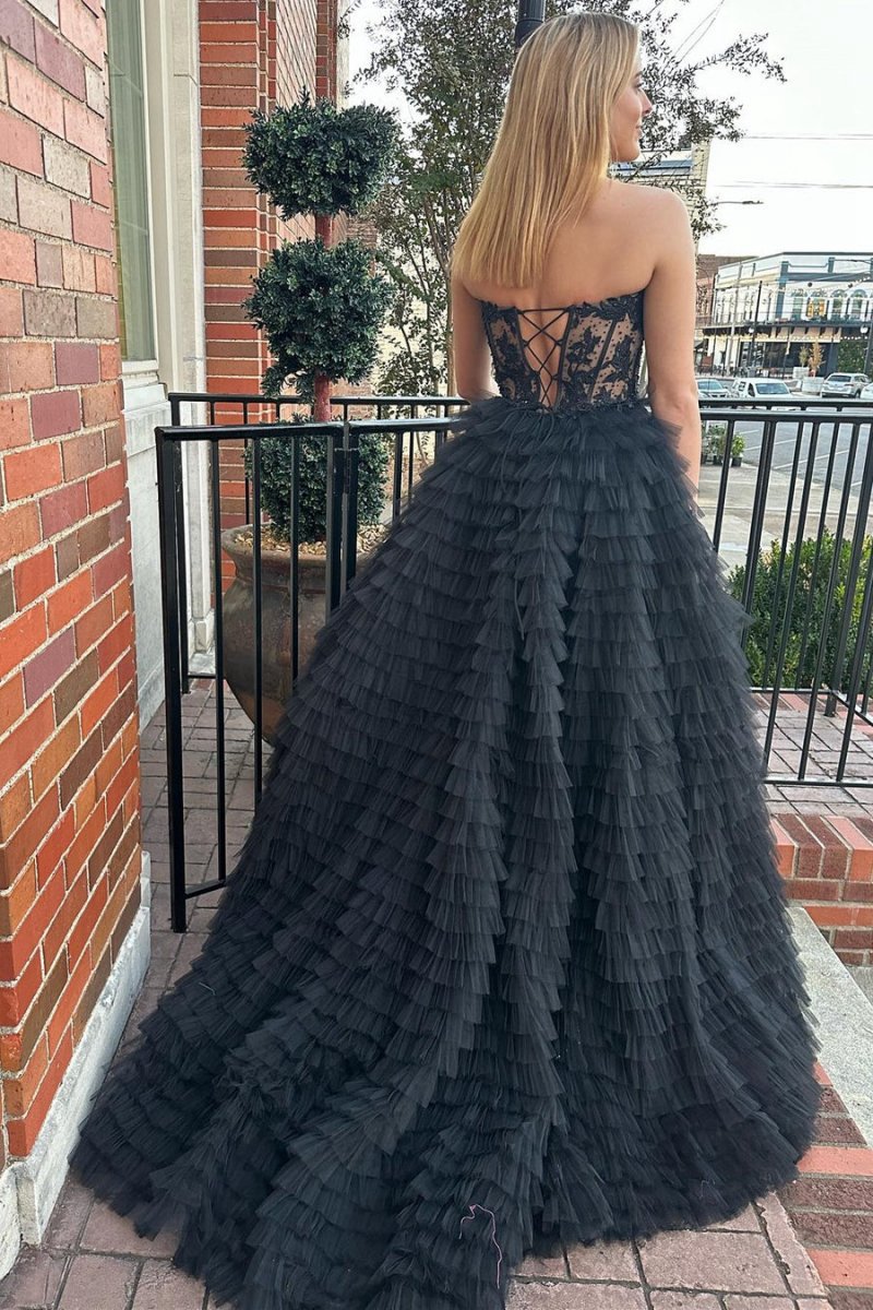 A-line Strapless Multi-Layers Tulle Prom Dresses with Slit