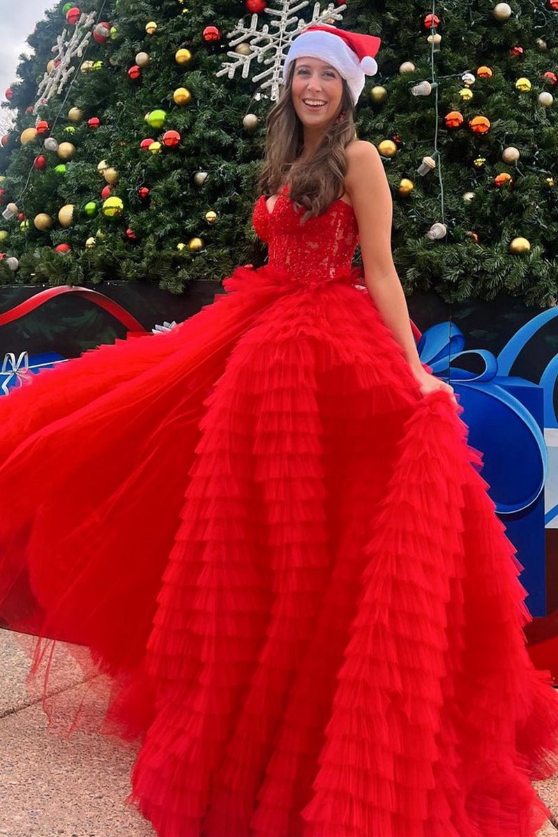 A-line Strapless Multi-Layers Tulle Prom Dresses with Slit