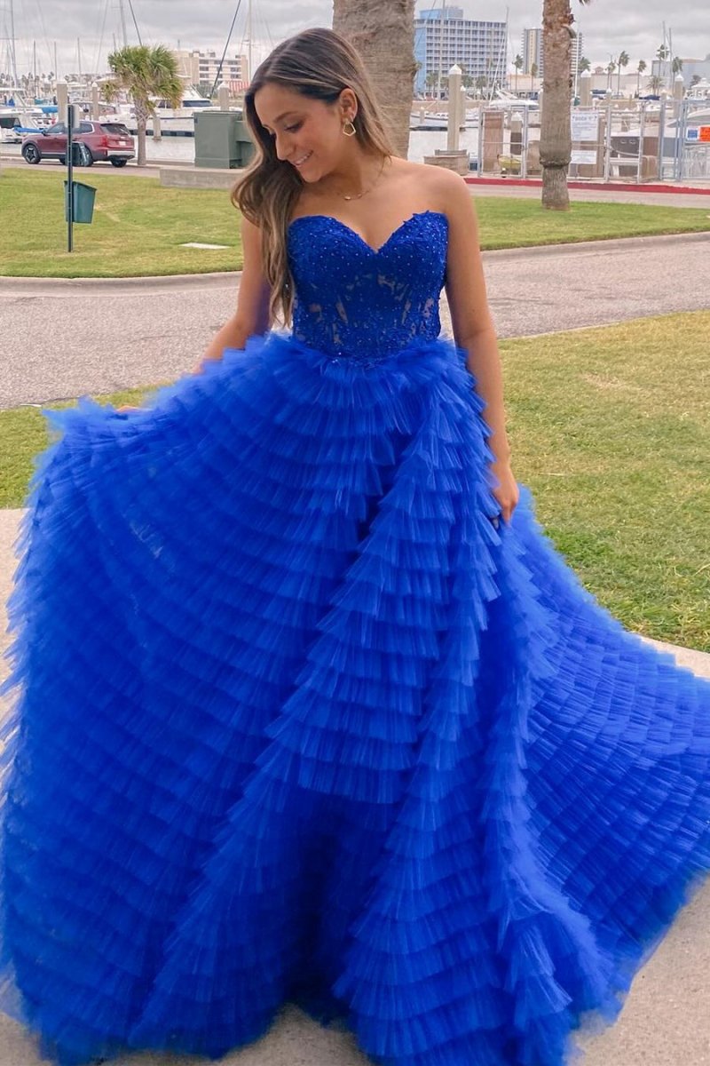 A-line Strapless Multi-Layers Tulle Prom Dresses with Slit