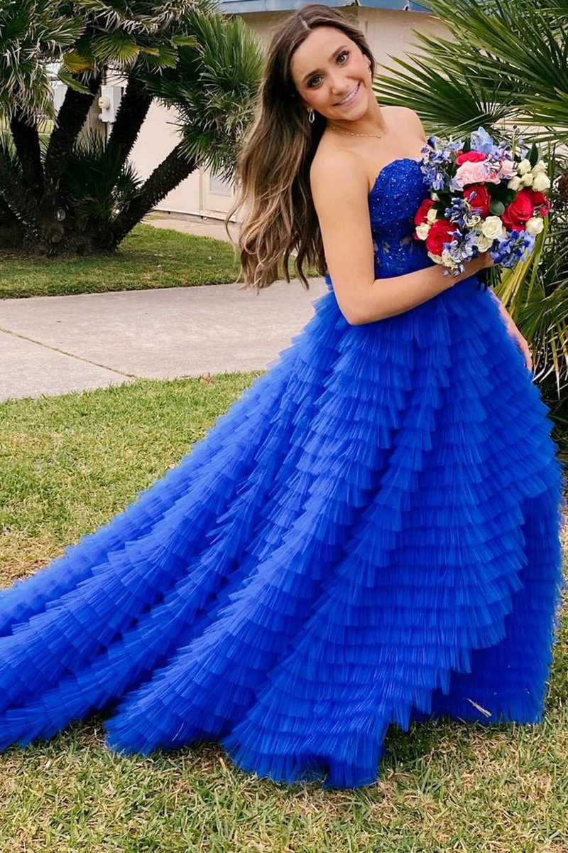 A-line Strapless Multi-Layers Tulle Prom Dresses with Slit