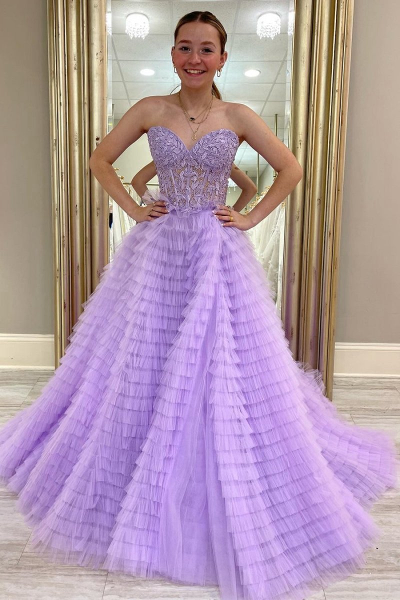 A-line Strapless Multi-Layers Tulle Prom Dresses with Slit