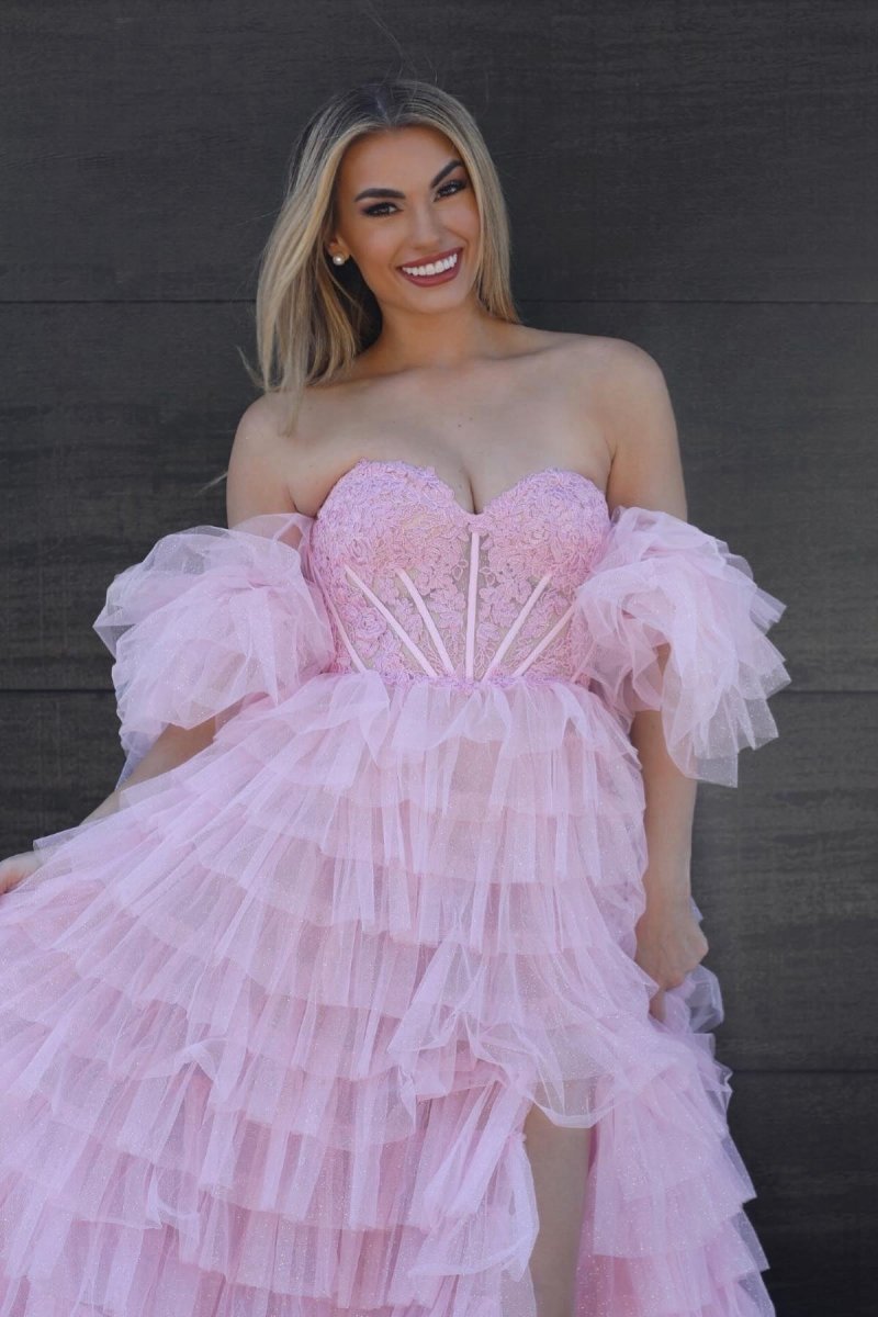 A-line Sweetheart Glitter Tulle Prom Dresses with Slit