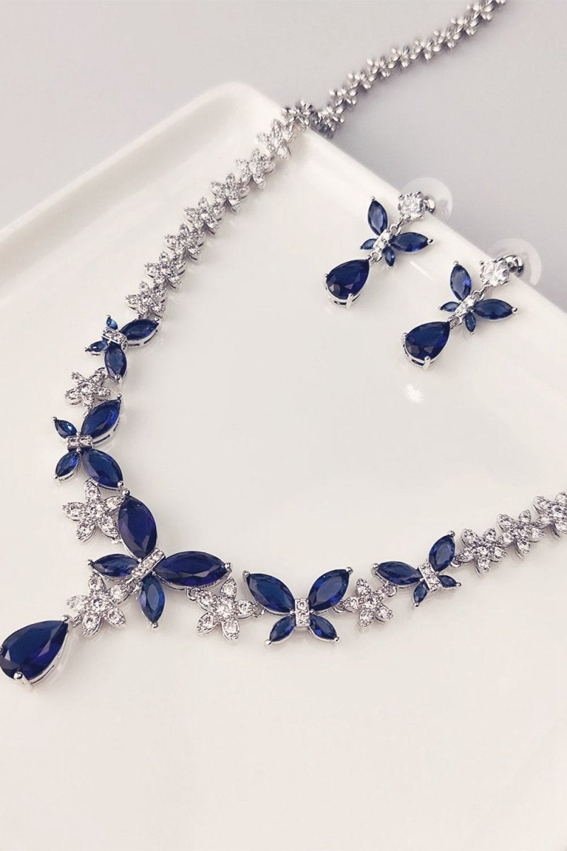 Royal Butterfly Crystal Drop Earrings Necklace Jewelry Set