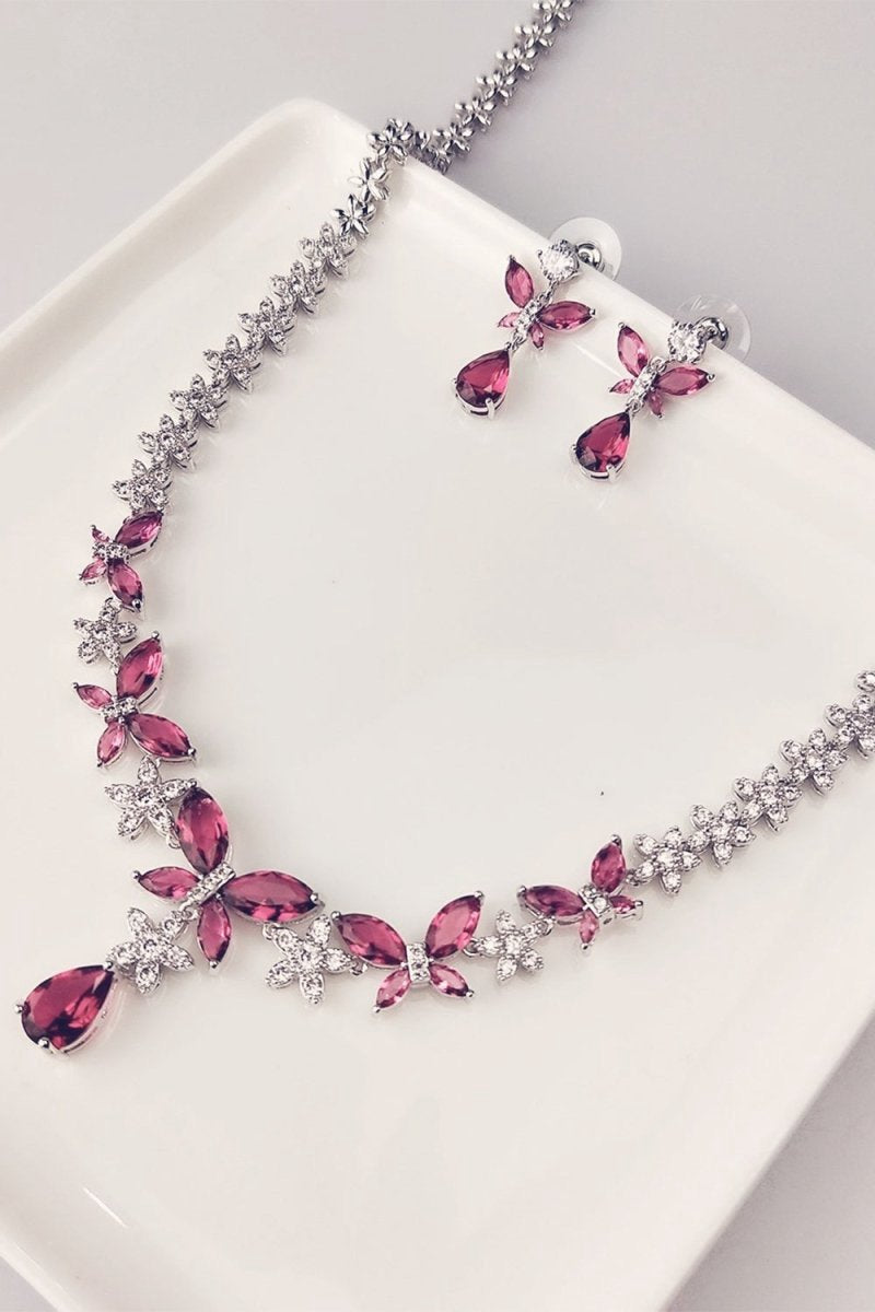 Royal Butterfly Crystal Drop Earrings Necklace Jewelry Set