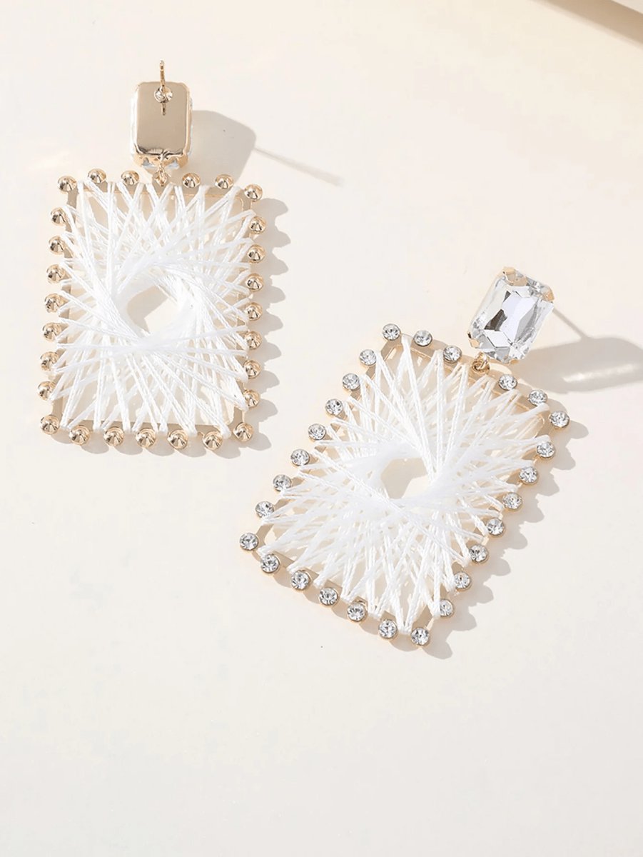 White Braided Raffia Square Earrings