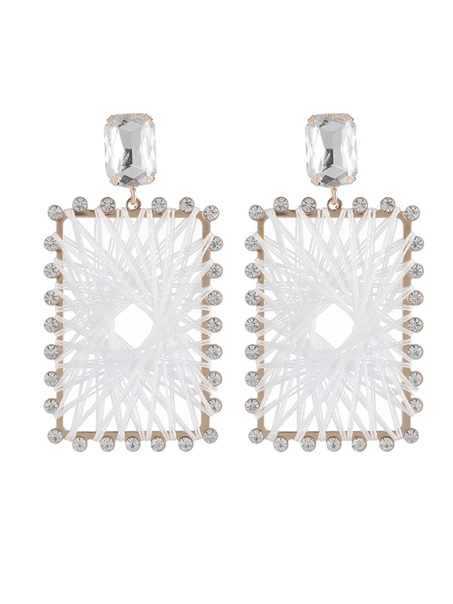 White Braided Raffia Square Earrings