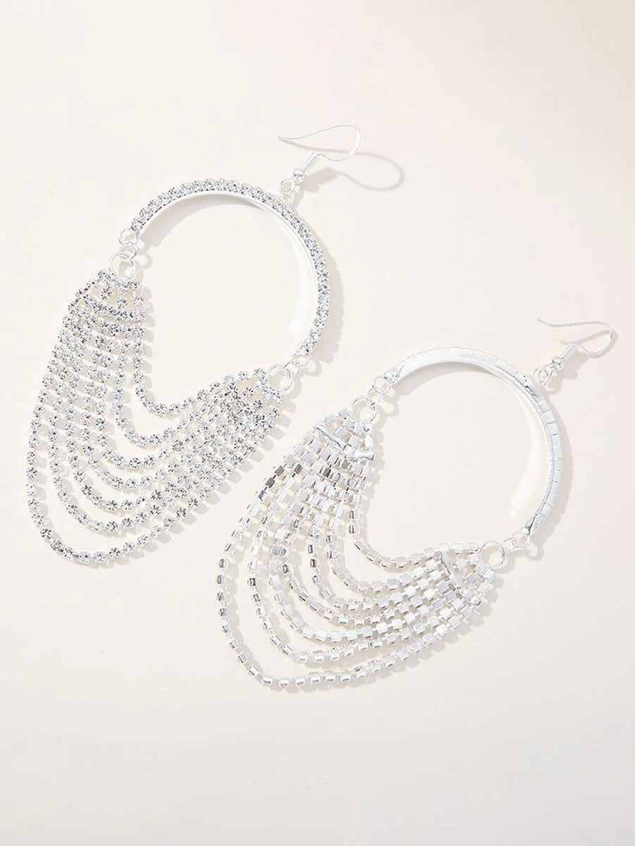 Silver Rhinestones Tassel Hoop Round Earrings