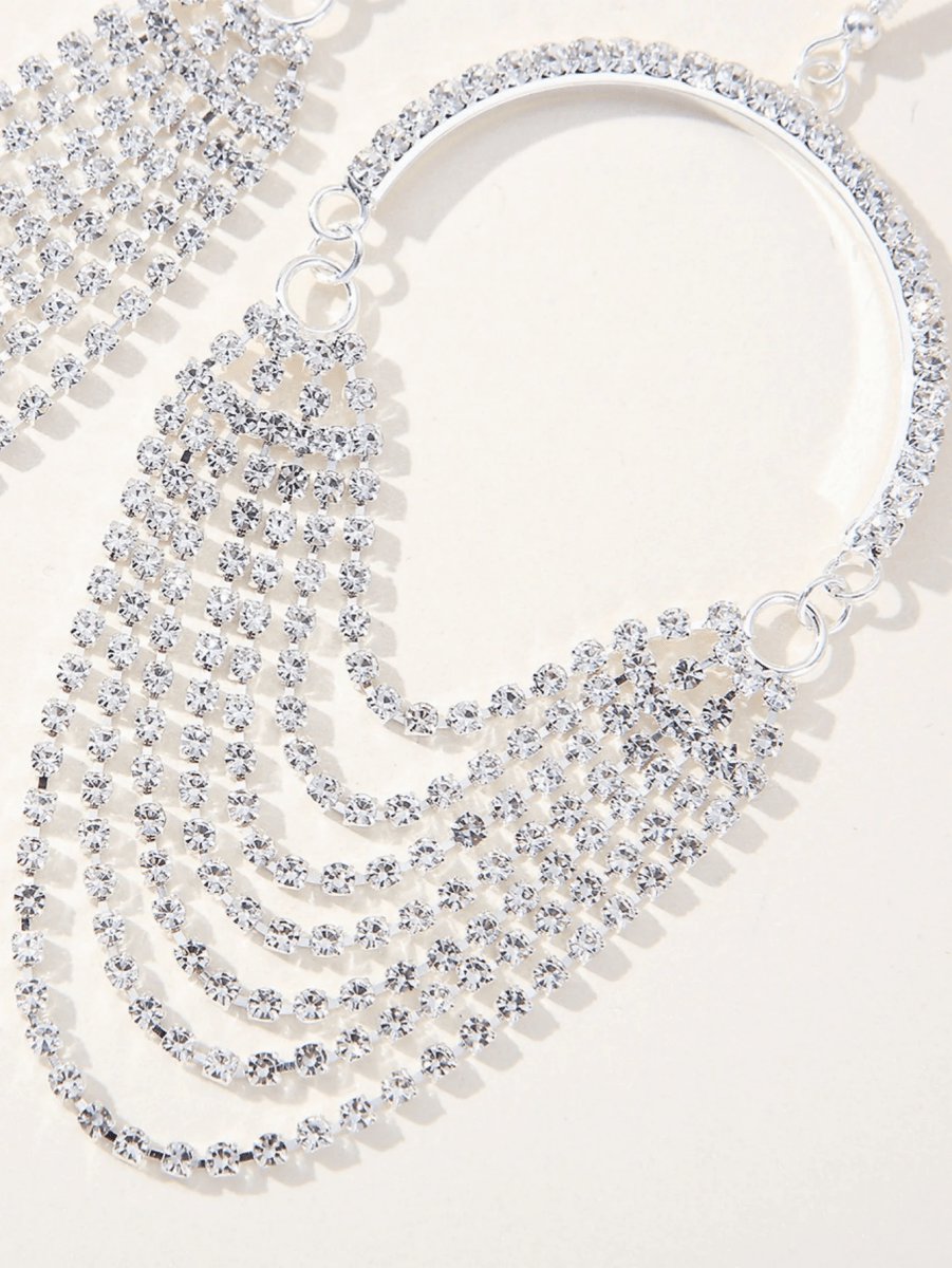 Silver Rhinestones Tassel Hoop Round Earrings