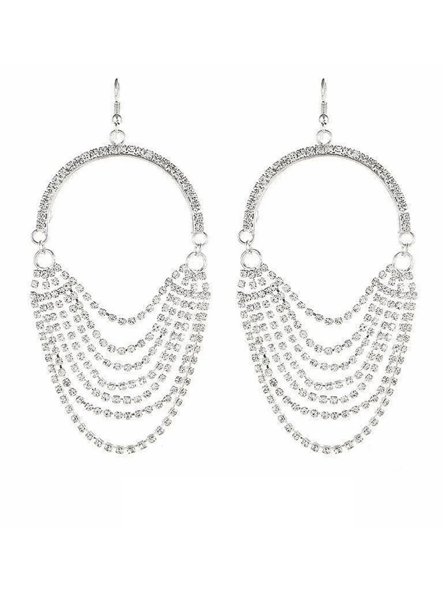 Silver Rhinestones Tassel Hoop Round Earrings