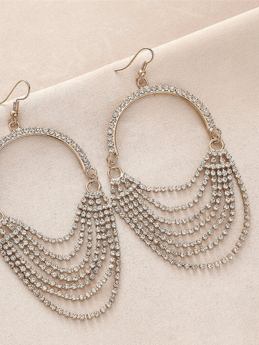 Silver Rhinestones Tassel Hoop Round Earrings
