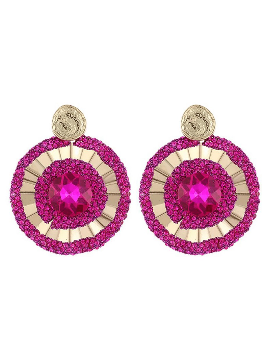 Fuchsia Flower Rhinestones Round Earrings