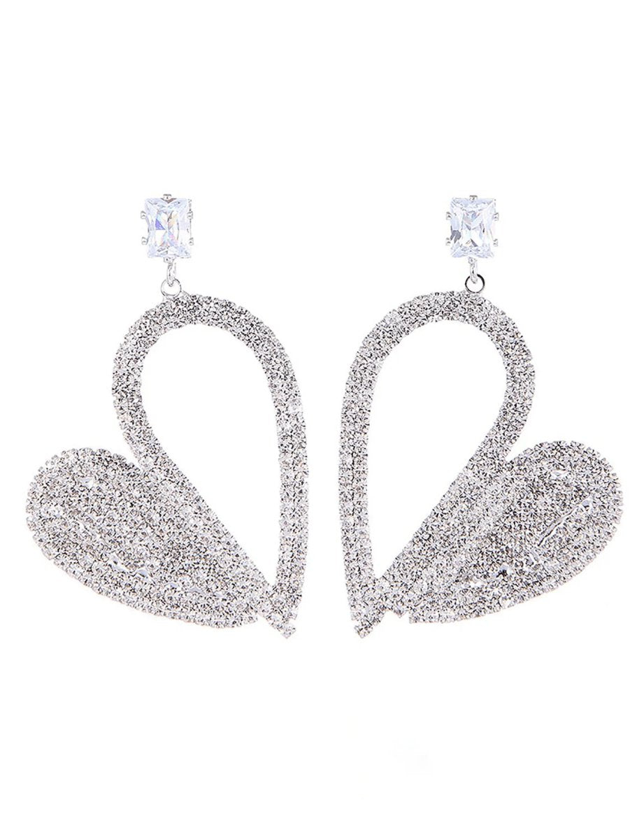 Silver Irregular Rhinestones Heart Hoop Earrings
