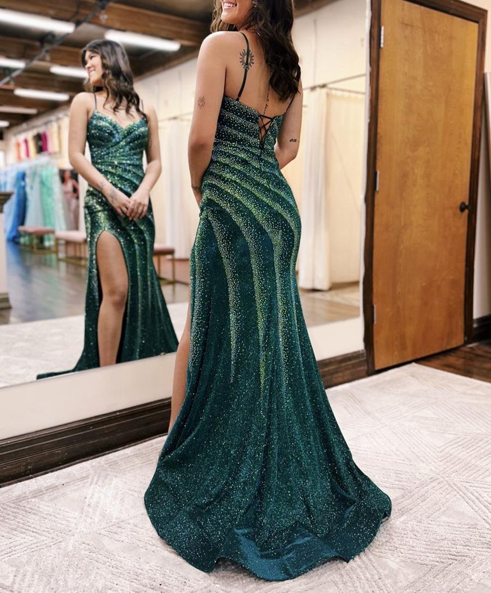 Mermaid Spaghetti Straps Glitter Mermaid Dresses with Slit