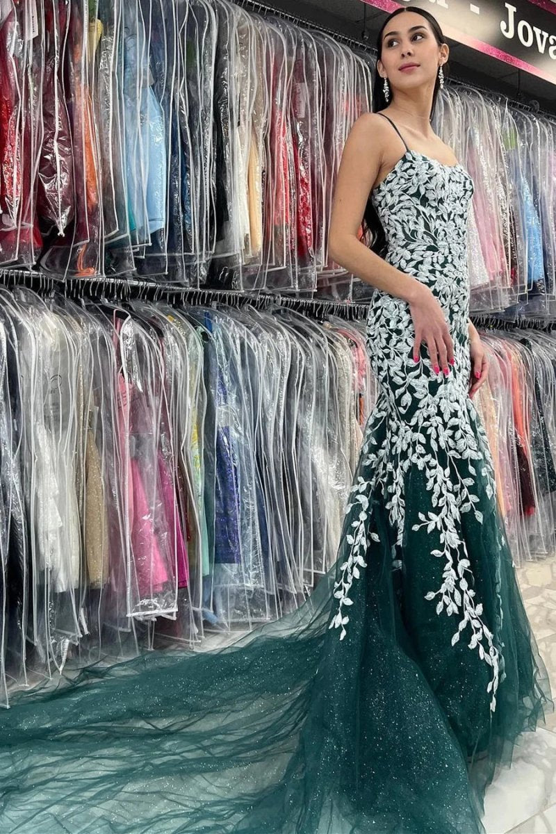 Mermaid Spaghetti Straps Lace Tulle Prom Dresses