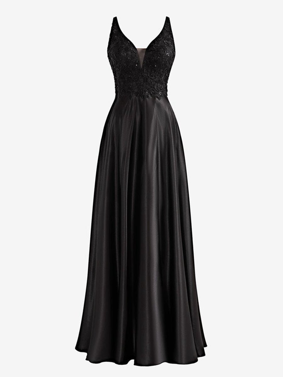 A-line V-Neck Satin Prom Dresses with Slit