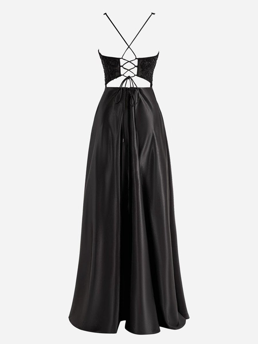 A-line V-Neck Satin Prom Dresses with Slit