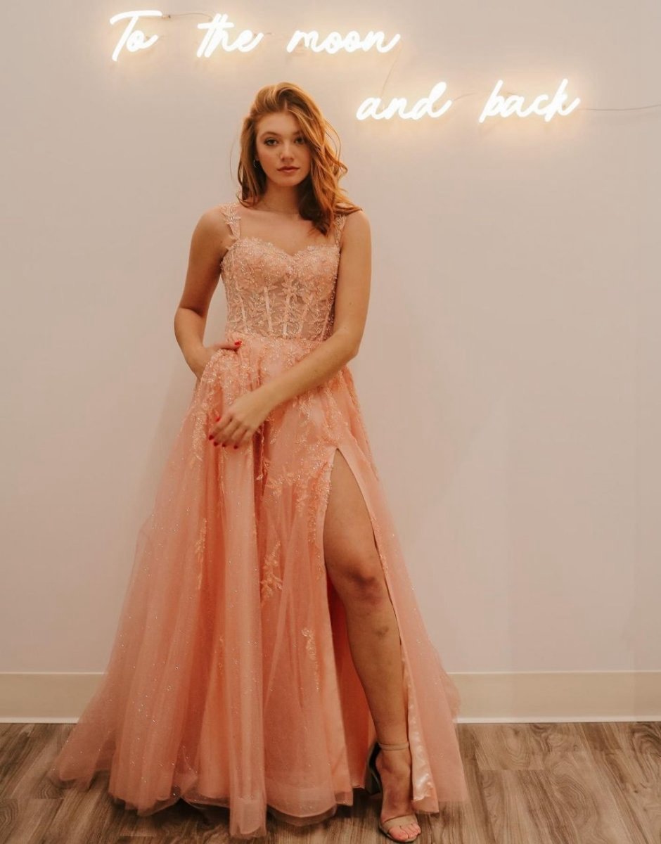 A-line Spaghetti Straps Glitter Tulle Prom Dresses with Slit