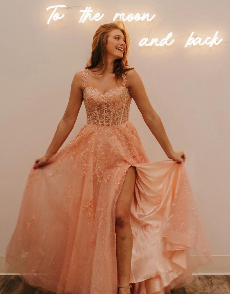 A-line Spaghetti Straps Glitter Tulle Prom Dresses with Slit