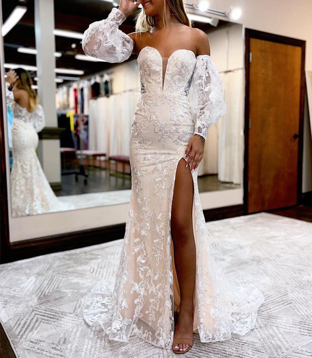 Mermaid Sweetheart Lace Prom Dresses with Detachable Sleeves