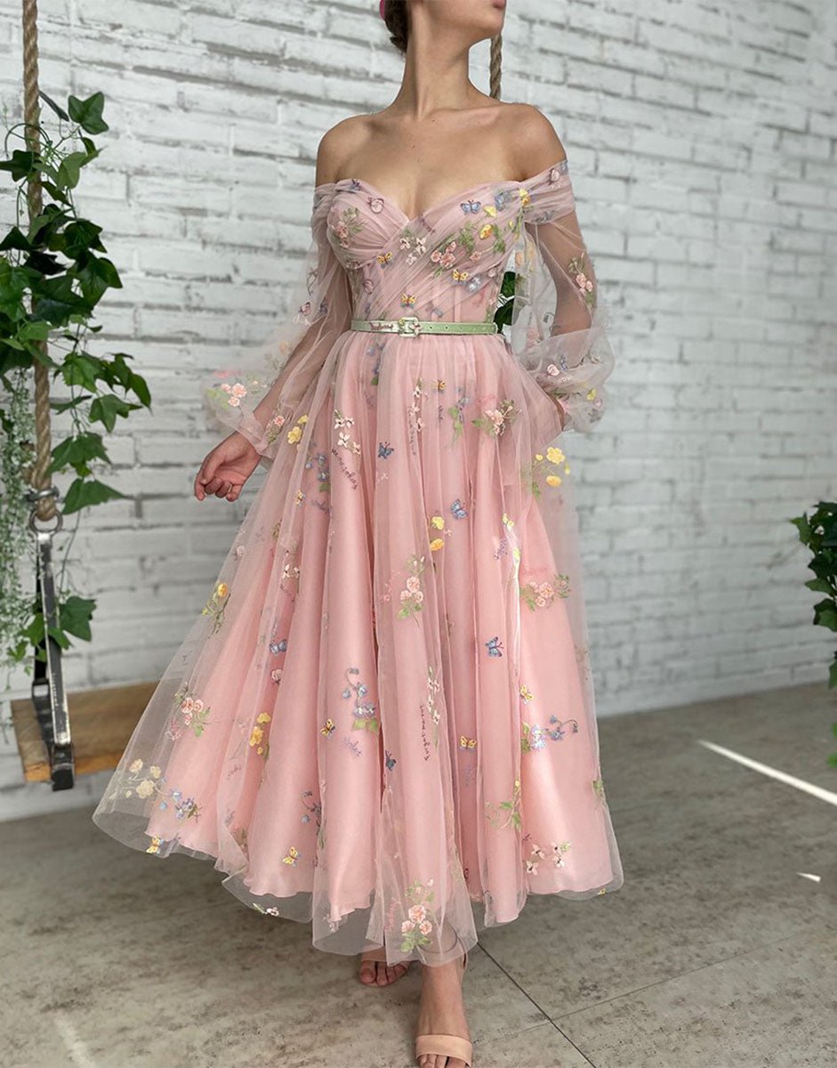 A-line Embroidery Off the Shoulder Prom Dresses