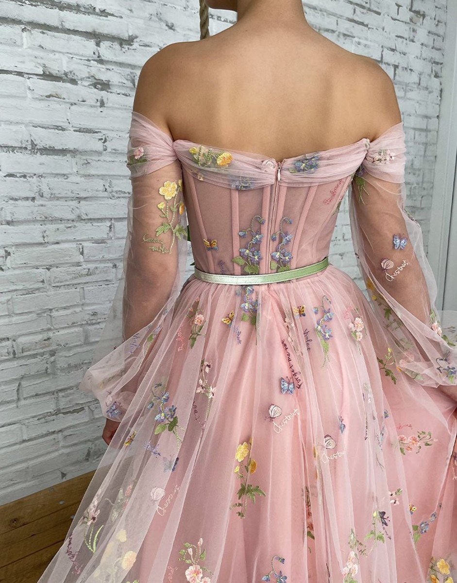 A-line Embroidery Off the Shoulder Prom Dresses