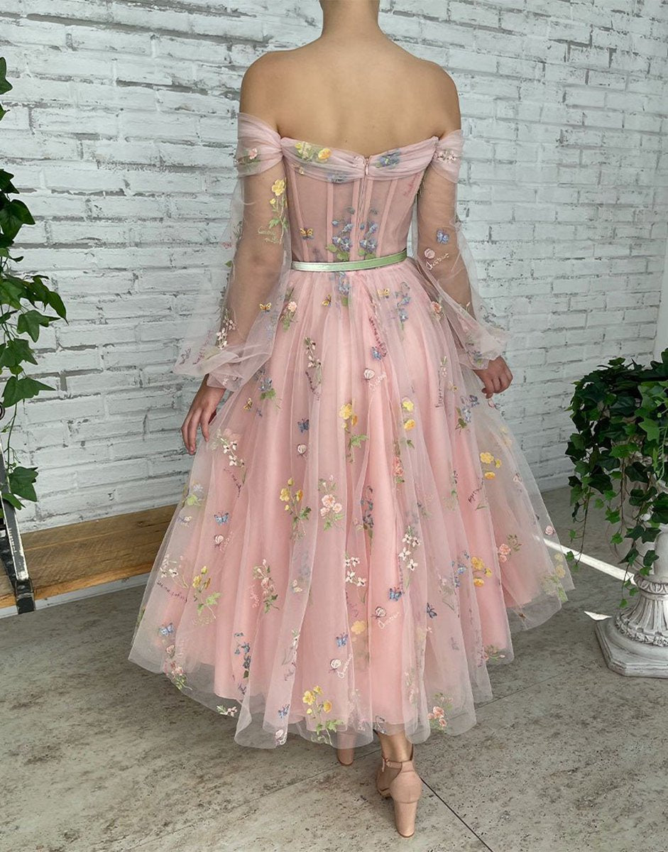 A-line Embroidery Off the Shoulder Prom Dresses