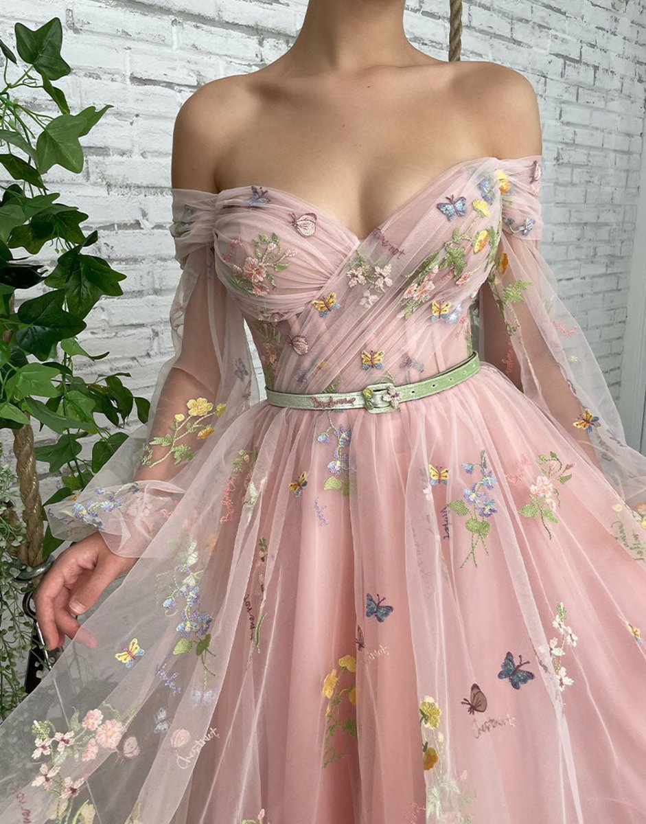 A-line Embroidery Off the Shoulder Prom Dresses