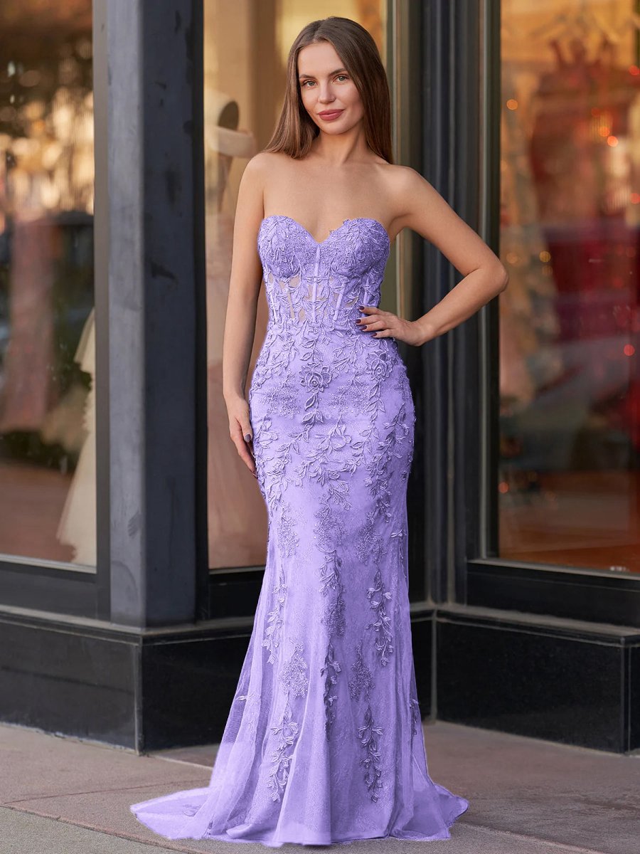 Mermaid Sweetheart Neck Lace Long Prom Dresses with Appliques