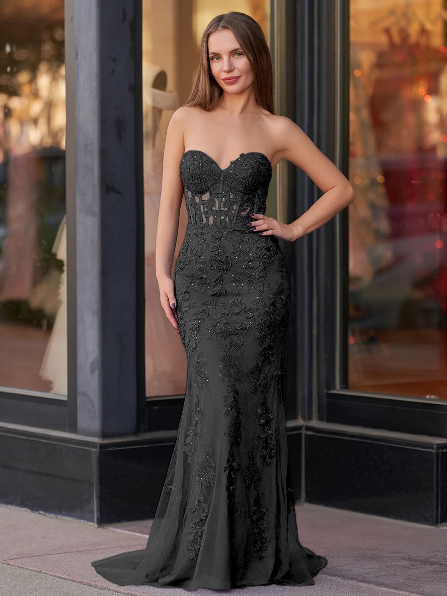 Mermaid Sweetheart Neck Lace Long Prom Dresses with Appliques