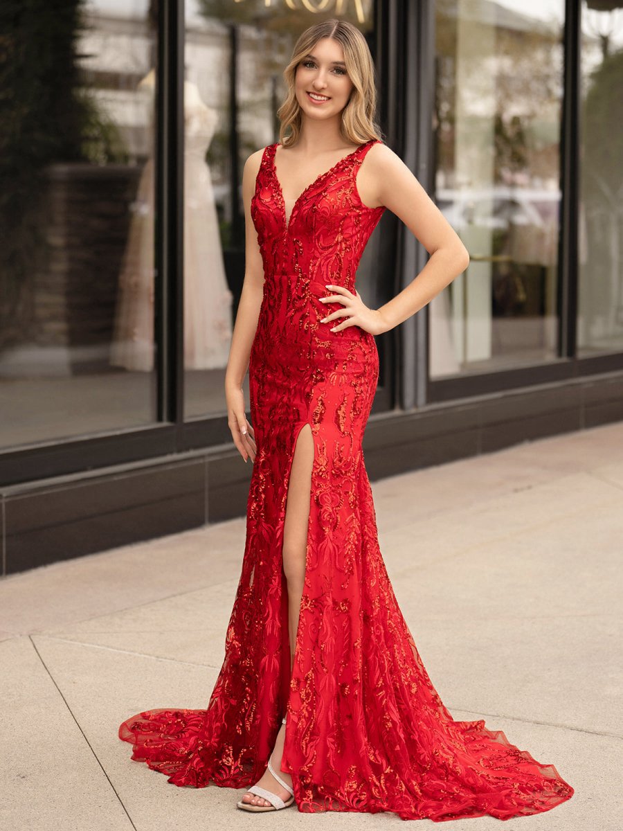 Mermaid V Neck Sequined Lace Prom Dresses with Slit