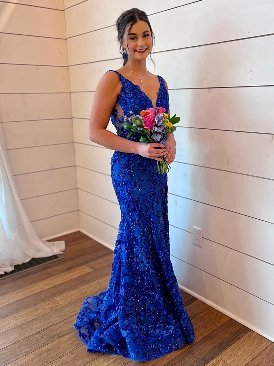 Mermaid V Neck Sequined Lace Prom Dresses with Slit
