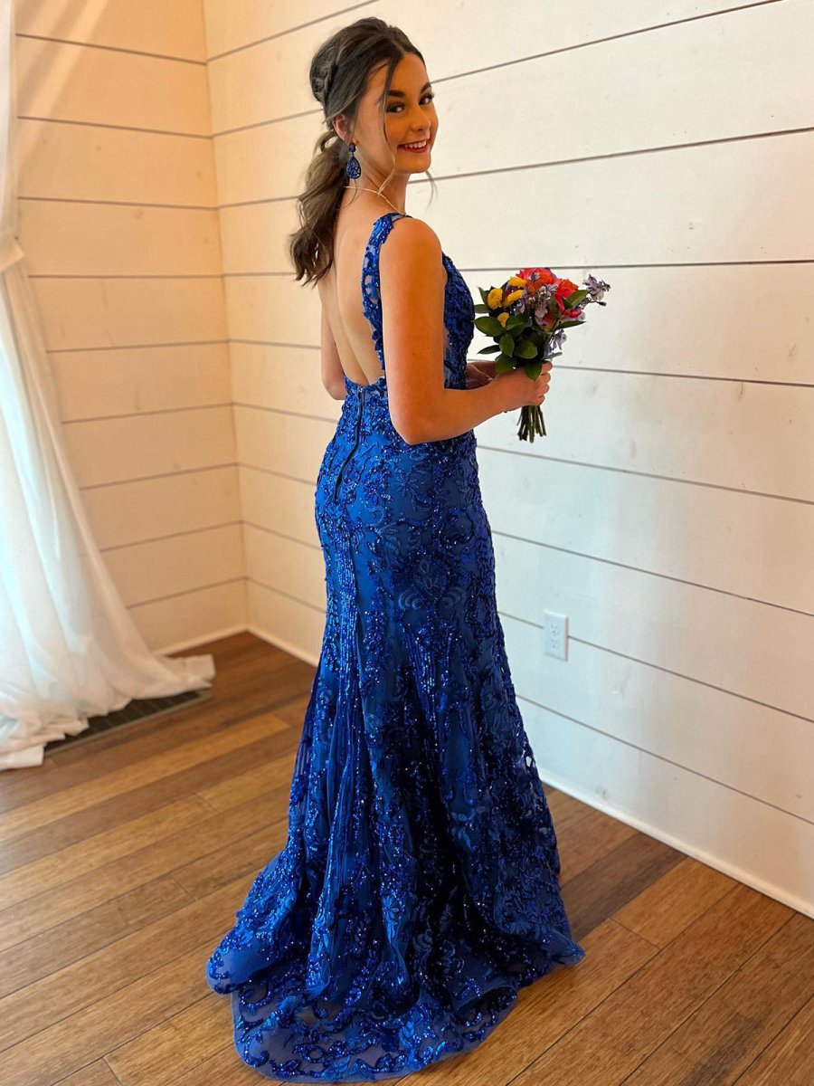 Mermaid V Neck Sequined Lace Prom Dresses with Slit