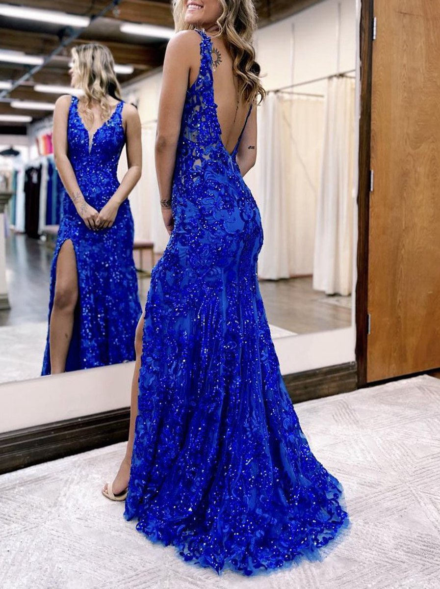 Mermaid V Neck Sequined Lace Prom Dresses with Slit