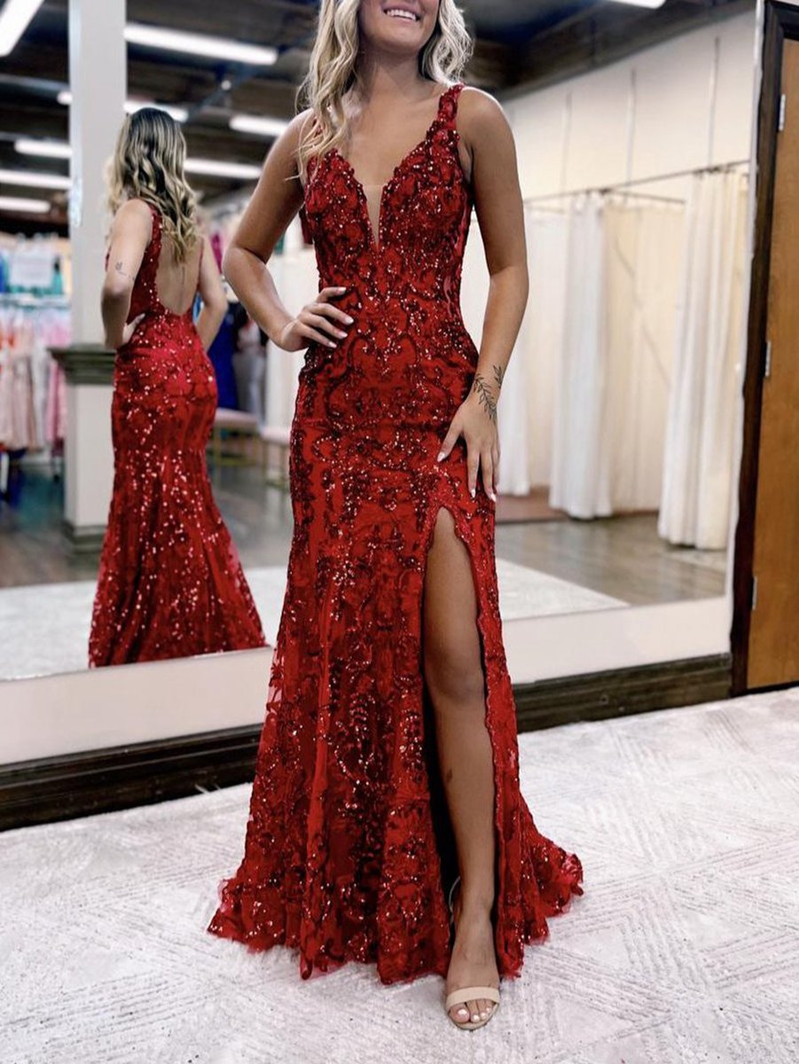 Mermaid V Neck Sequined Lace Prom Dresses with Slit