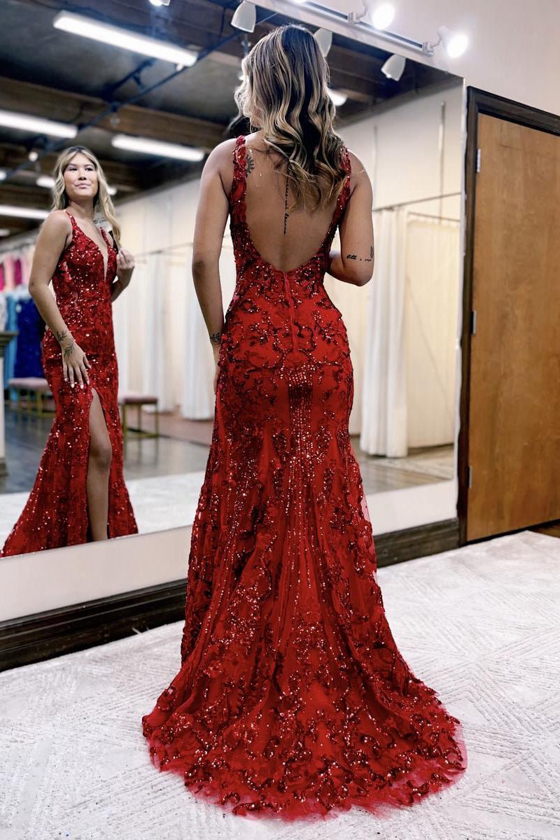 Mermaid V Neck Sequined Lace Prom Dresses with Slit