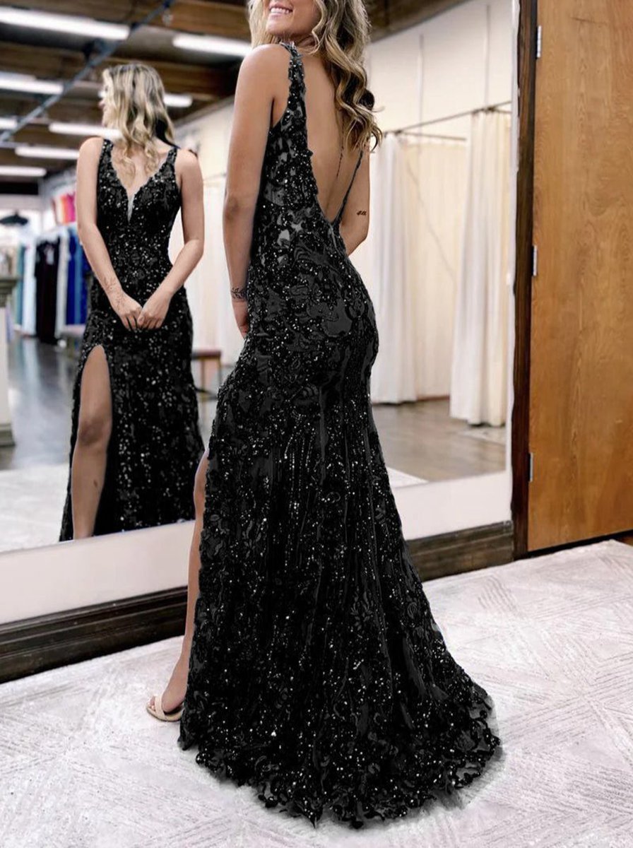 Mermaid V Neck Sequined Lace Prom Dresses with Slit