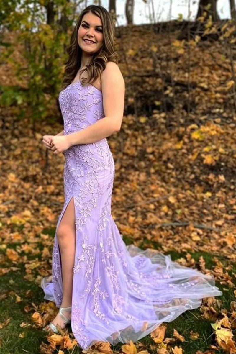 Mermaid Strapless Lace Long Prom Dresses with Slit