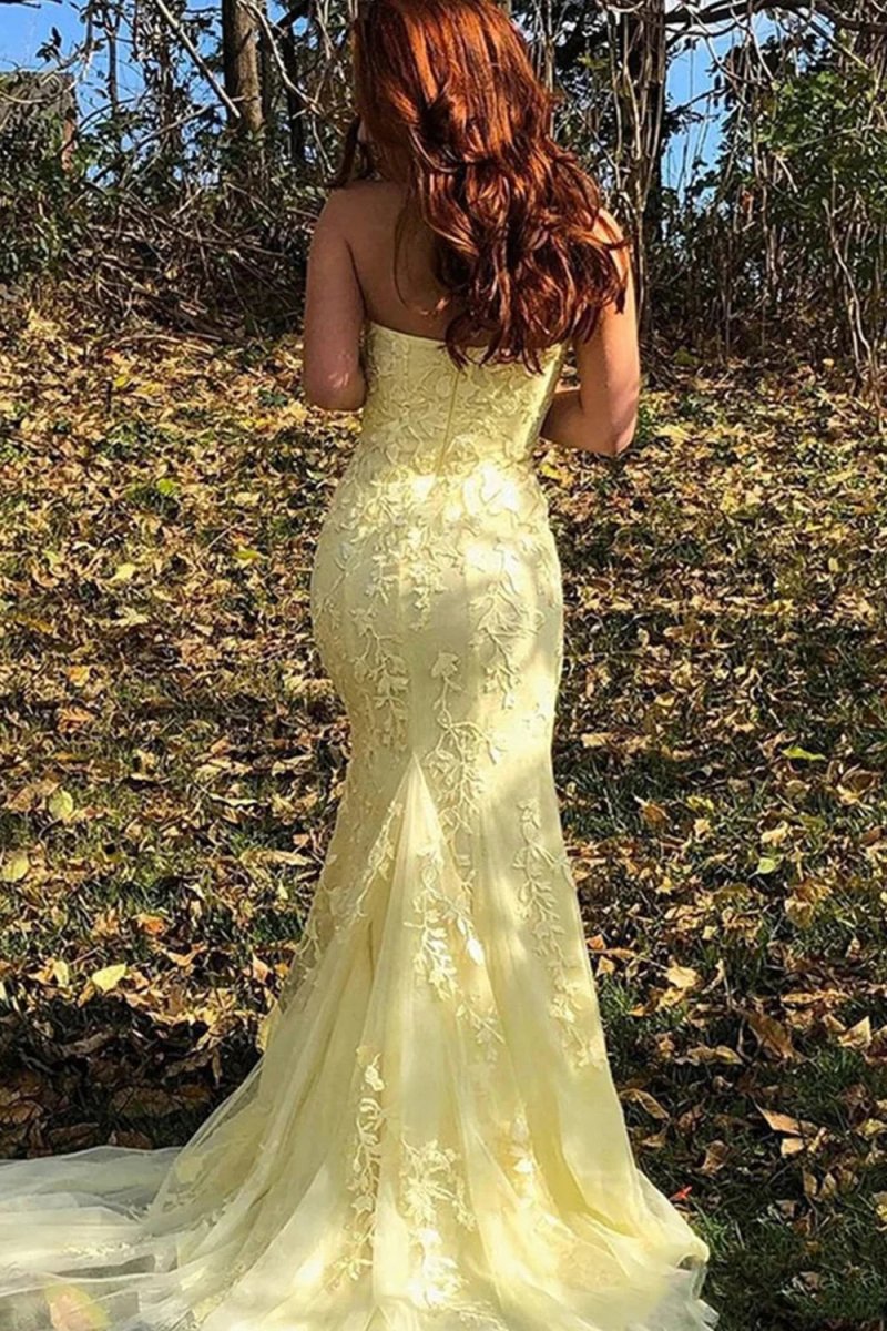 Mermaid Strapless Lace Long Prom Dresses with Slit