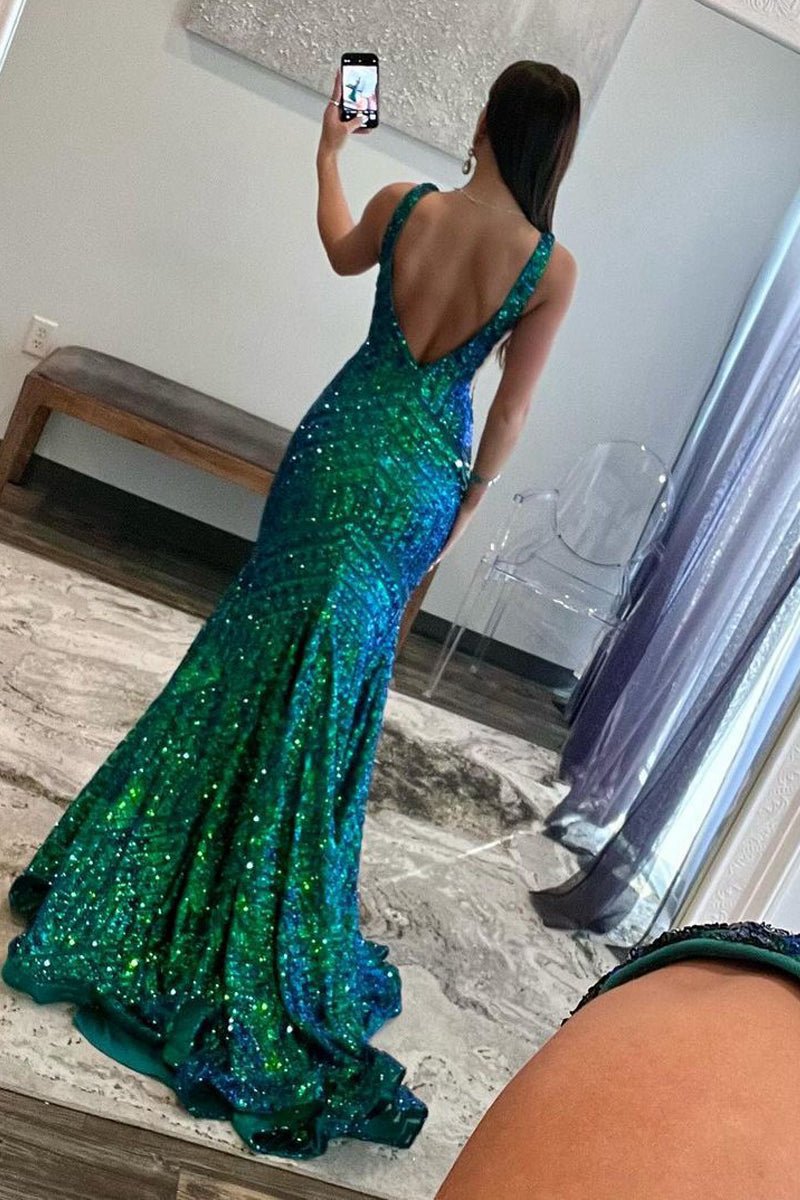 Deep V Neck Sequins Mermaid Long Prom Dresses