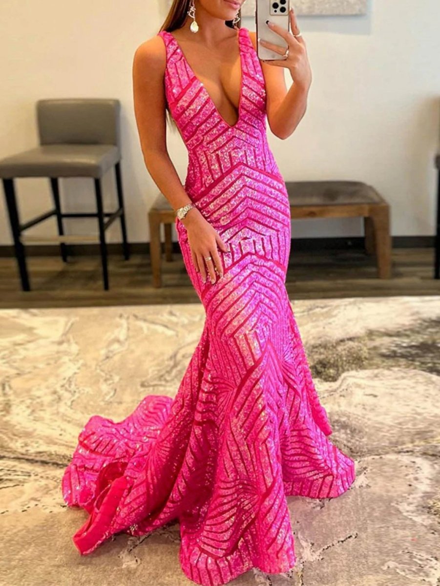 Deep V Neck Sequins Mermaid Long Prom Dresses