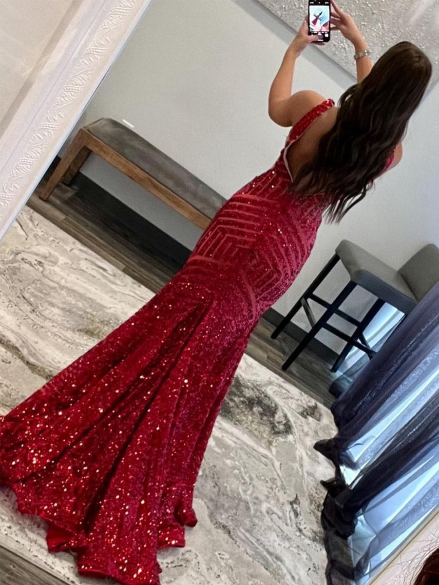 Deep V Neck Sequins Mermaid Long Prom Dresses